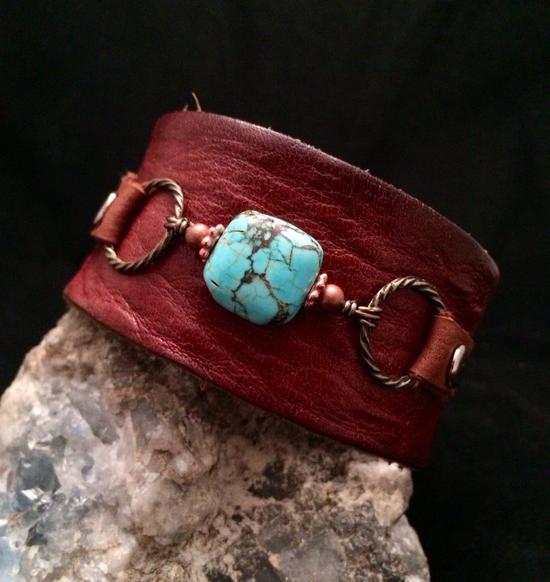 Handmade one of a kind leather cuff bracelet with turquoise | Etsy