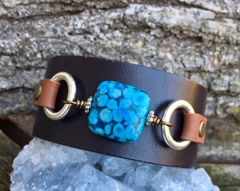 Handmade one of a kind leather cuff bracelet with turquoise color fossilized coral stone keikosbeadbox