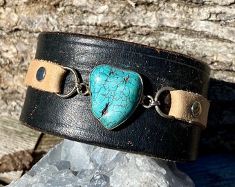 Handmade one of a kind leather cuff bracelet with turquoise color stone keikosbeadbox