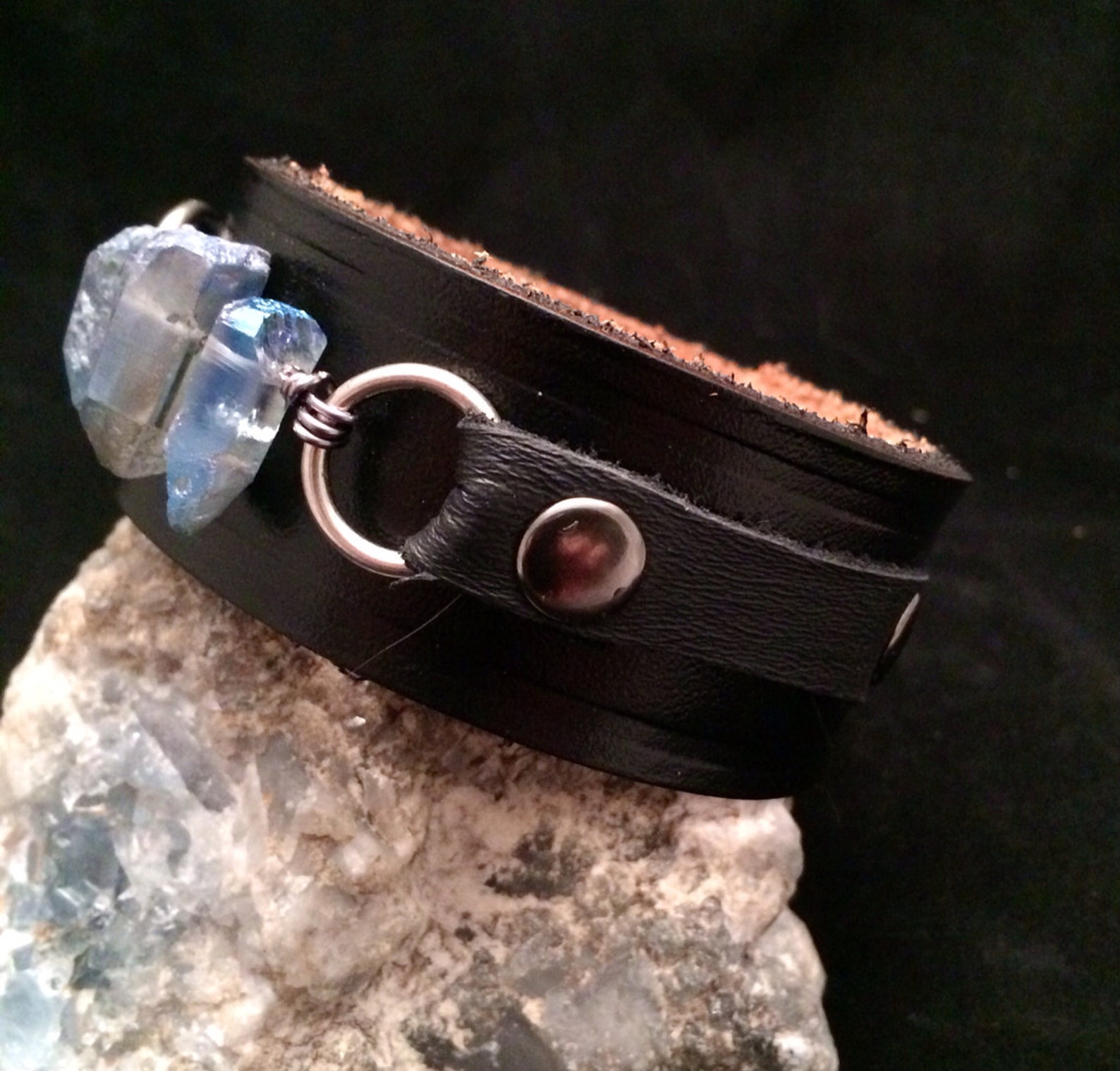 Handmade one of a kind leather cuff bracelet with blue Etsy