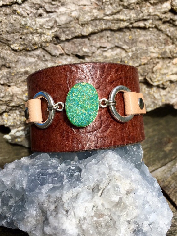 Handmade one of a kind leather cuff bracelet with green druzy | Etsy