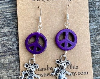 Handmade dancing bear peace sign  earrings keikosbeadbox