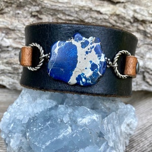 Handmade one of a kind leather cuff bracelet with sea sediment jasper stone keikosbeadbox image 1