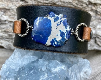 Handmade one of a kind leather cuff bracelet with sea sediment jasper stone keikosbeadbox