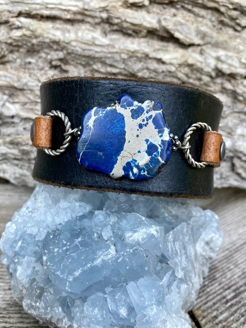 Handmade one of a kind leather cuff bracelet with sea sediment jasper stone keikosbeadbox image 1