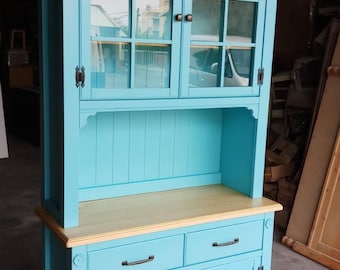 Turquoise Farmhouse Hutch Cabinet, Coastal Kitchen Storage Cabinet, Blue Wooden Buffet Hutch, Cottage Display Cabinet with Glass Doors