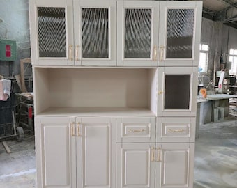 Modern Farmhouse Kitchen Hutch Cabinet, White Pantry Storage Cabinet with Fluted Glass Doors, Large Coffee Bar Buffet Cabinet
