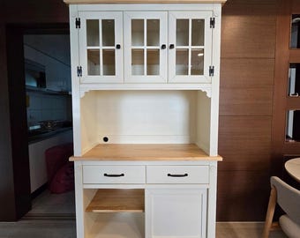 Farmhouse Coffee Bar Cabinet with Hutch, White Kitchen Storage Cabinet, Rustic Microwave Stand, Wooden Buffet Hutch with Glass Doors