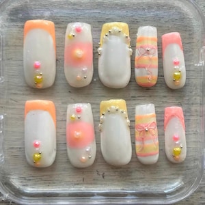 Conjuntos de unhas Sunset | Feitos à mão | Unhas postiças | Arte em unhas | Unhas cromadas | Conjunto de unhas | Personalizável