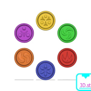 May include: Six colourful round tokens with different symbols, each representing a different element. The tokens are arranged in a circle on a white background.