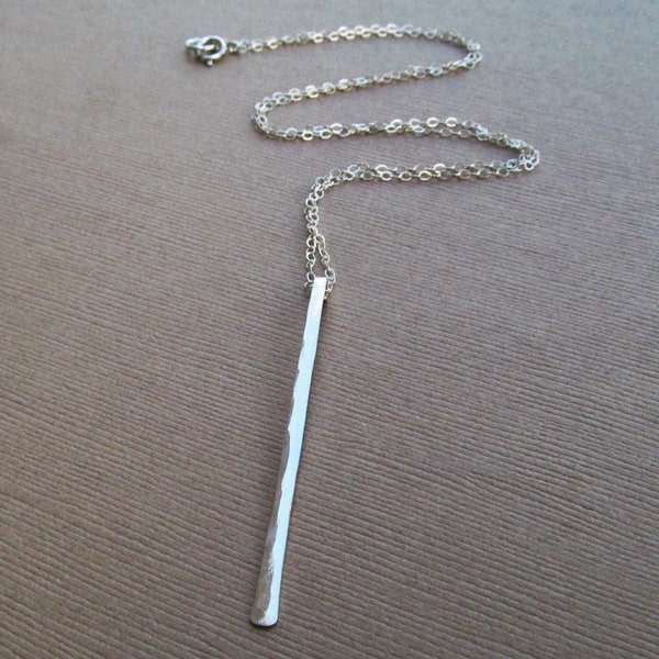 Silver Hammered Bar Necklace, Long Sterling Silver Bar Necklace, Hammered Silver Bar Necklace