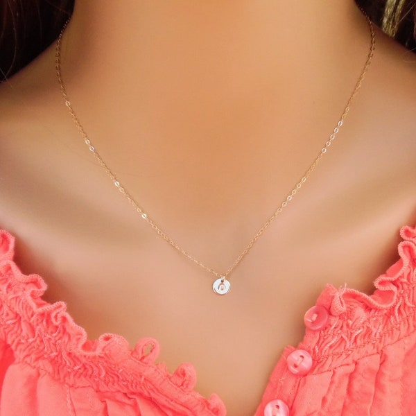 Tiny Gold Disc Necklace, Initial Disc Necklace, 14K Gold Filled