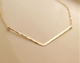 Gold Chevron Necklace, Hammered V Necklace, 14k Gold Filled