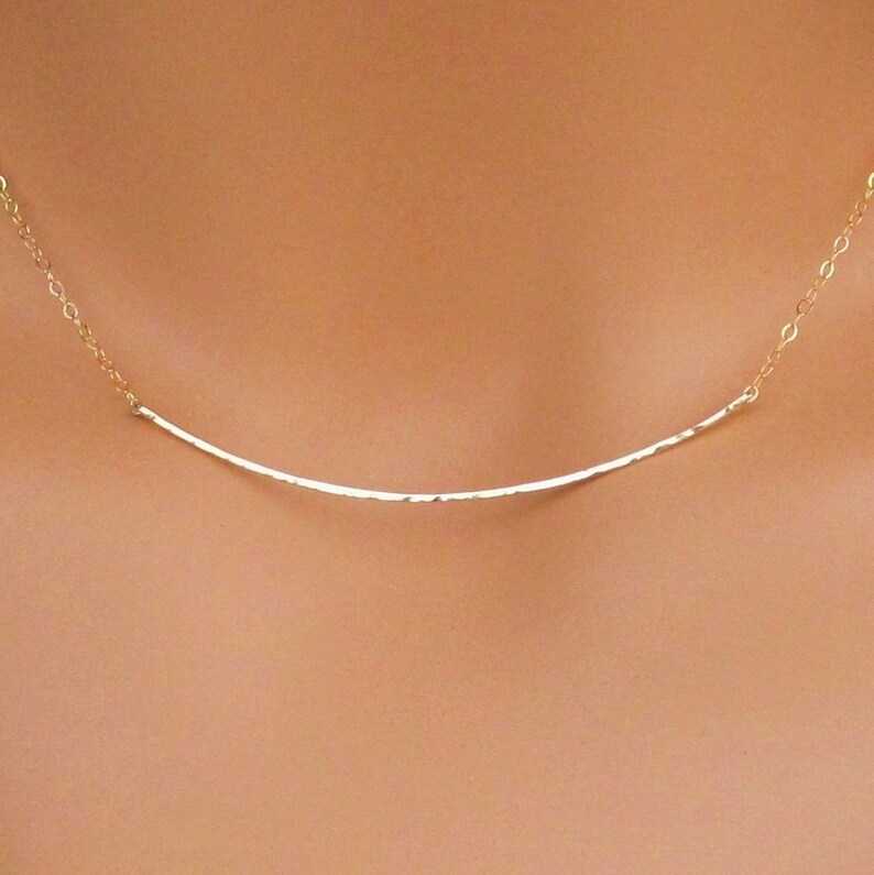 Curved Gold Bar Necklace Hammered Curved Bar 14k Gold Etsy