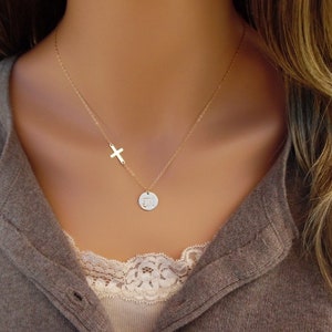 Gold Initial Disc Necklace with Cross,  Personalized Necklace