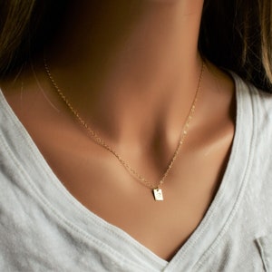Tiny Gold Tag Necklace, Rectangle Tag, Initial Tag Necklace
