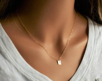 Gold Tag Necklace, Rectangle Tag, Rectangle Initial Disc, Initial Tag Necklace