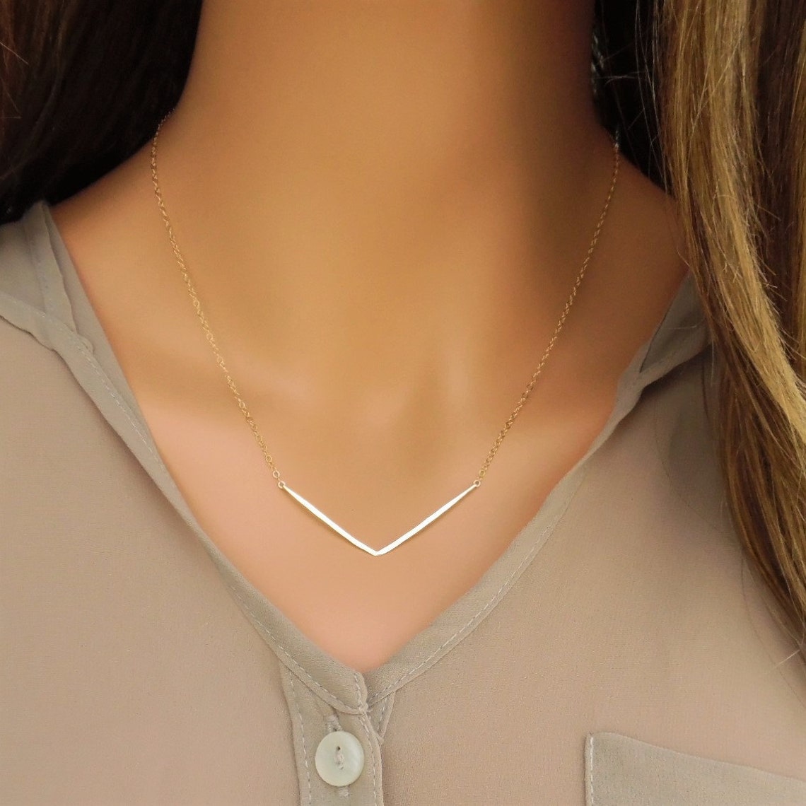 Gold Chevron Necklace Gold V Necklace Gold Bar Necklace 14k | Etsy