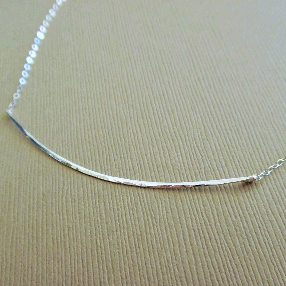 Sterling Silver Curved Bar Necklace, Hammered, Sterling