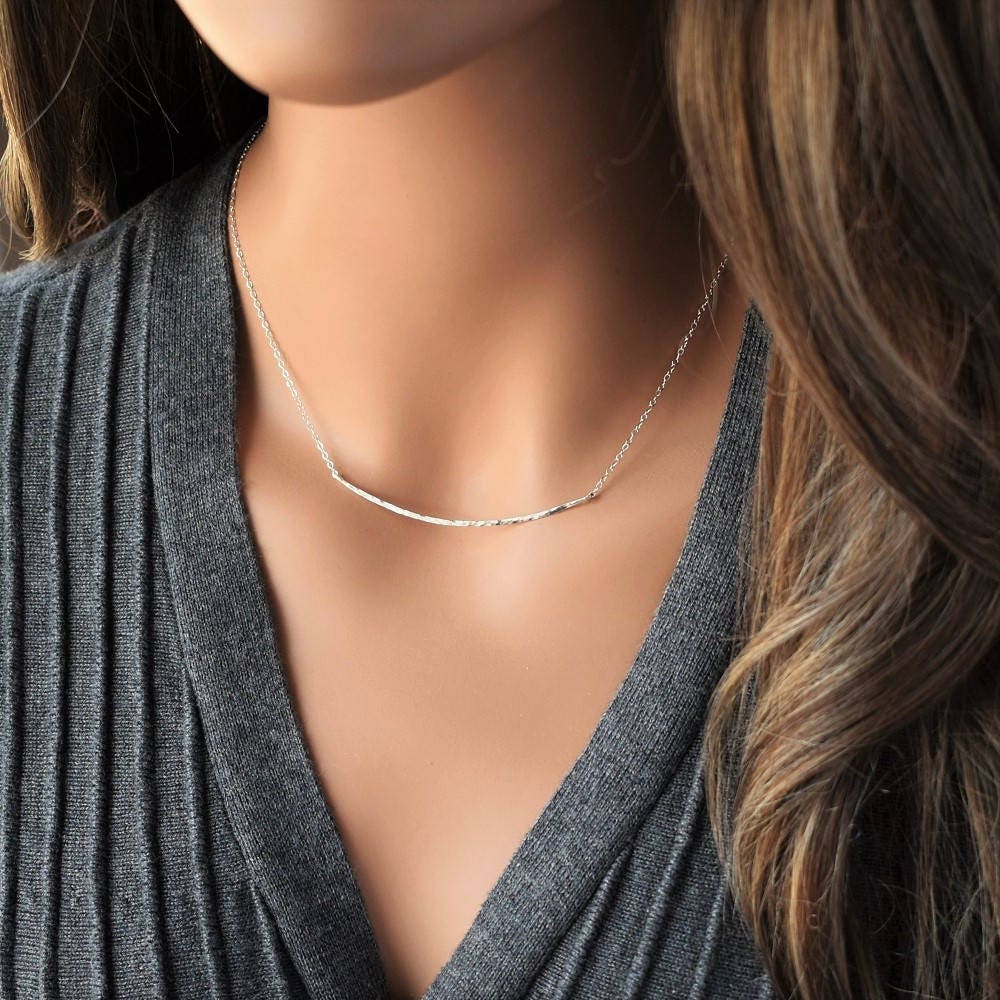 Sterling Silver Curved Bar Necklace Hammered Curved Bar Etsy