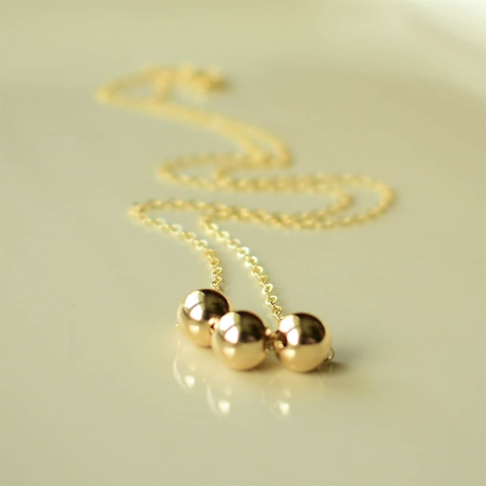 Round Gold Beads Necklace 3 Gold Beads Necklace 14k Gold Etsy