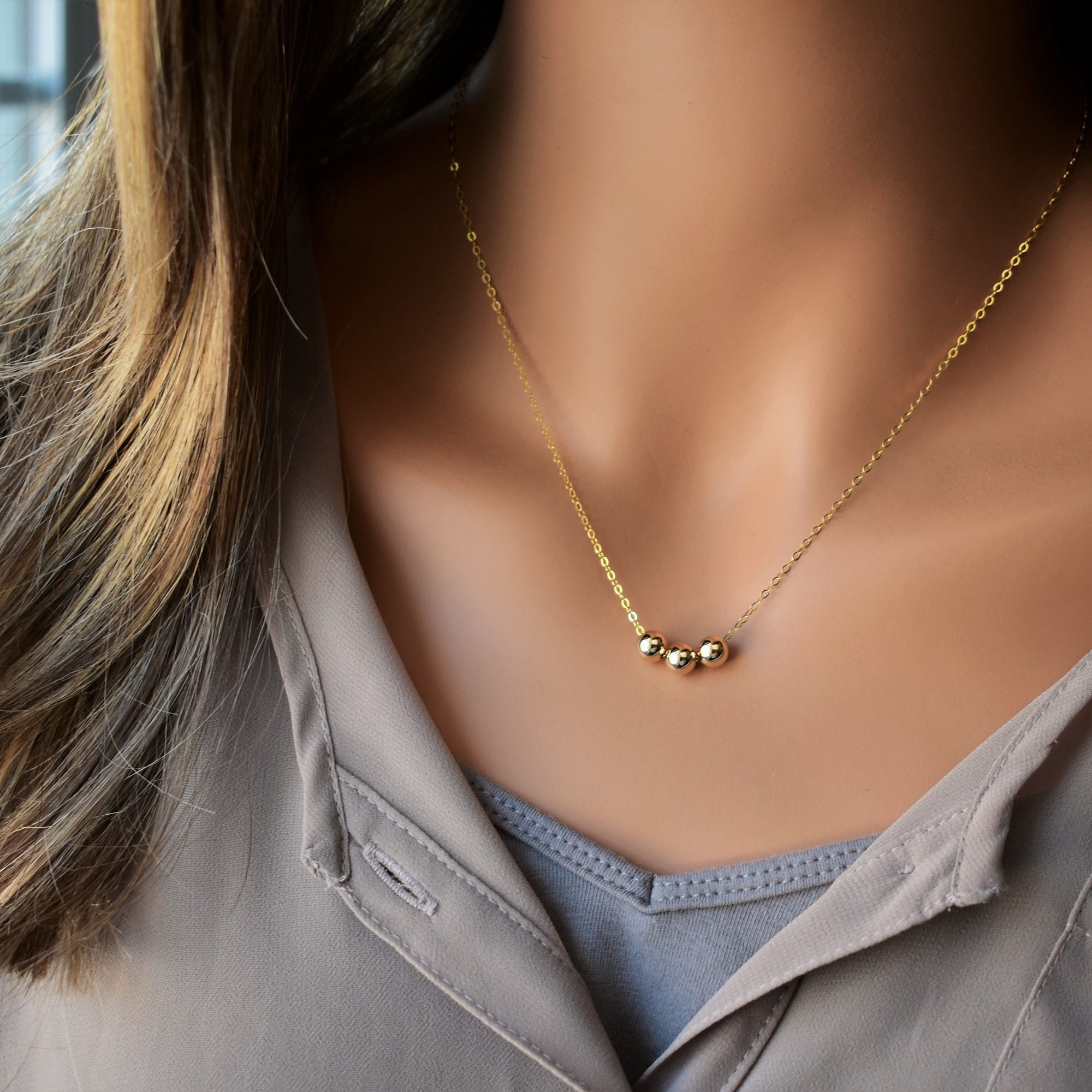 Round Gold Beads Necklace 3 Gold Beads Necklace 14k Gold Etsy