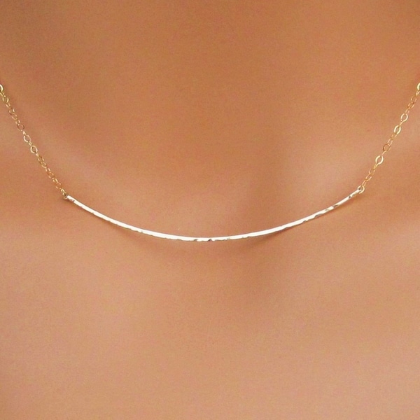 Gold Curved Hammered Bar Necklace