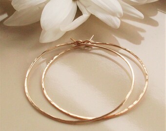 Medium Gold Hoops, Thin Hammered Gold Hoops, 14K Gold Filled