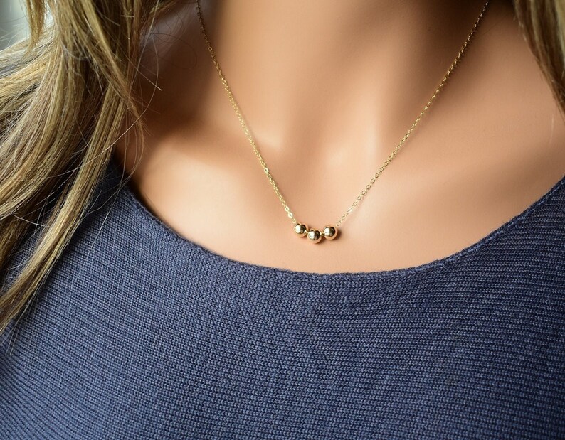 Gold Ball Necklace 3 Bead Necklace Gold Beads Necklace 14k Etsy
