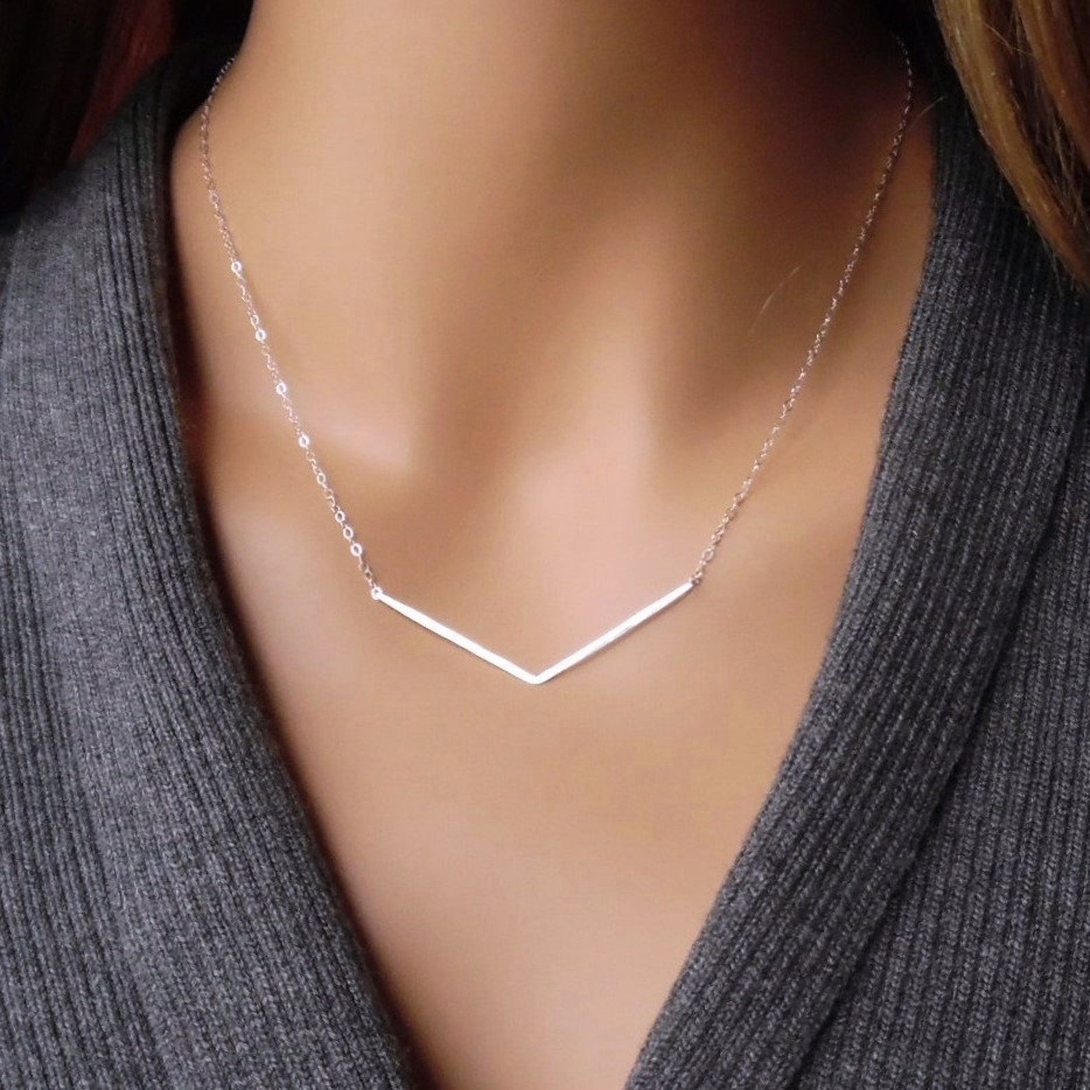 Silver Chevron Necklace Sterling Silver Hammered Chevron Bar Etsy