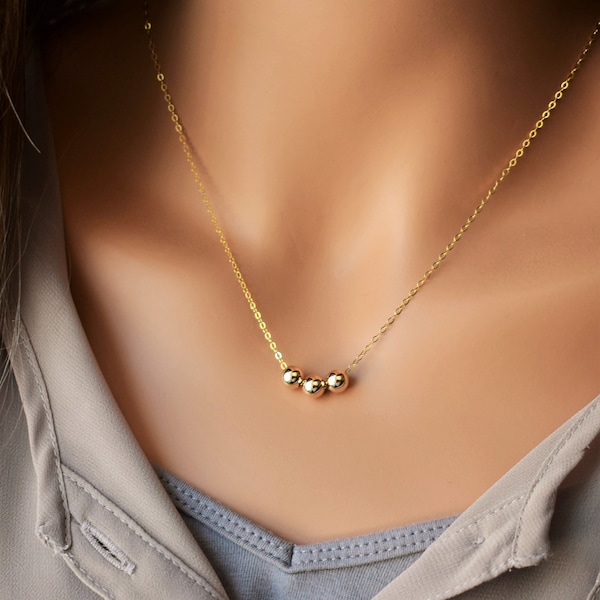 3 Round Gold Beads Necklace, 14k Gold Filled