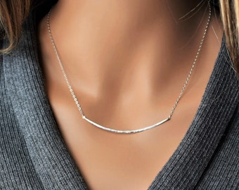 Sterling Silver Curved Bar Necklace, Hammered, Sterling Silver