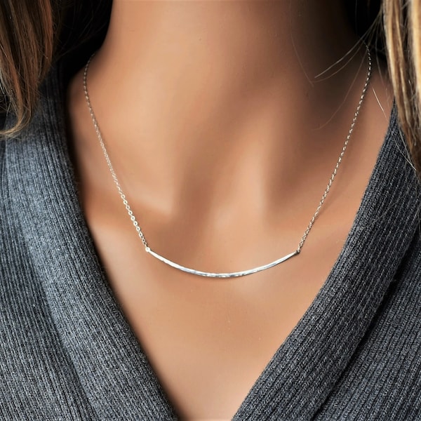 Sterling Silver Curved Bar Necklace, Hammered Silver Bar Necklace, Sterling Silver Bar