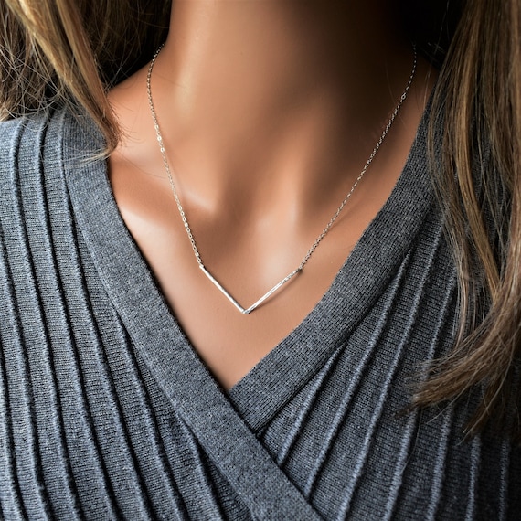 V necklace. Silver chevron necklace. V letter necklace. 18K gold