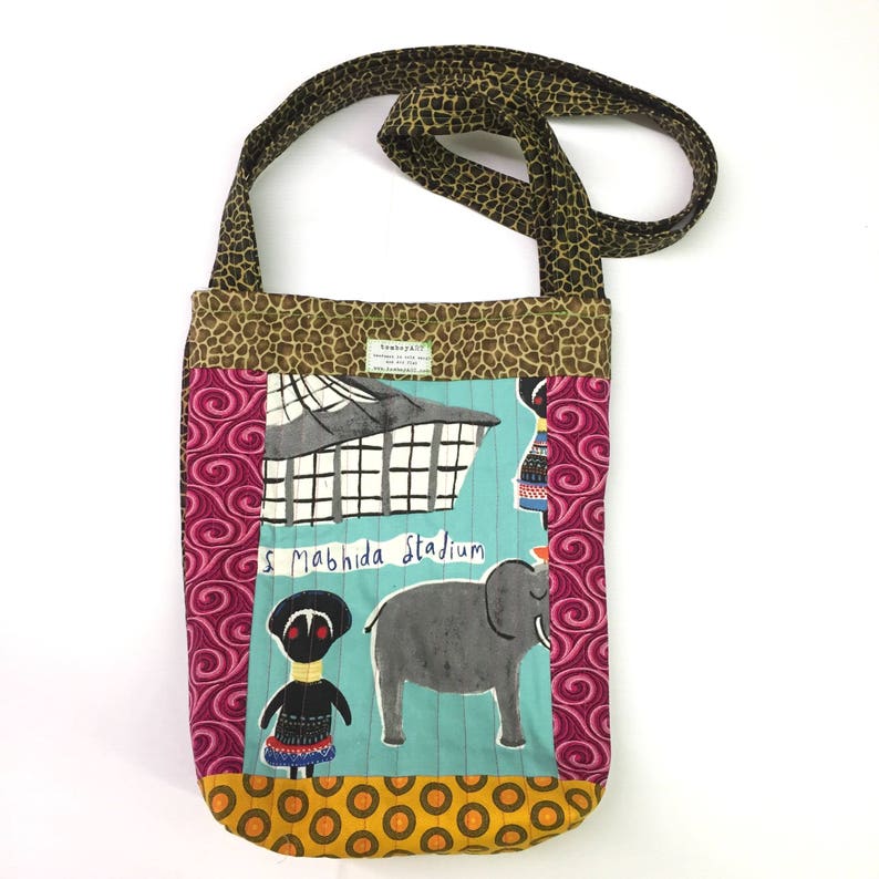 Mabhiba Stadium quilted cross body crossbody tote bag handmade Tanzania Shweshwe textile