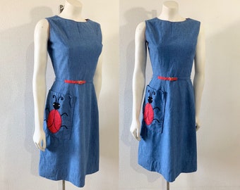 Vintage 60s Dress Shift Ladybug Pocket Lois Ann Dallas Belted Sun Sleeveless Mod