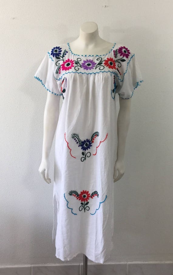 Vintage Mexican Dress White Cotton Maxi Floral Em… - image 6