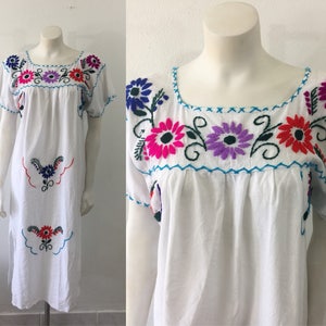Vintage Mexican Dress White Cotton Maxi Floral Embroidery