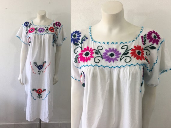 Vintage Mexican Dress White Cotton Maxi Floral Em… - image 1