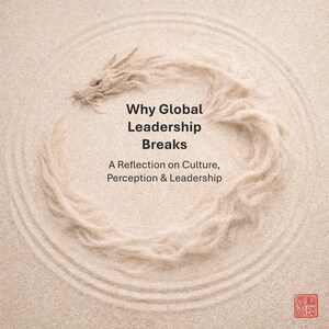 May include: A beige, textured background with a sand-like appearance. The image features a stylized dragon made of a light-colored material, forming a circular shape. Text reads "Why Global Leadership Breaks" and "A Reflection on Culture, Perception & Leadership."