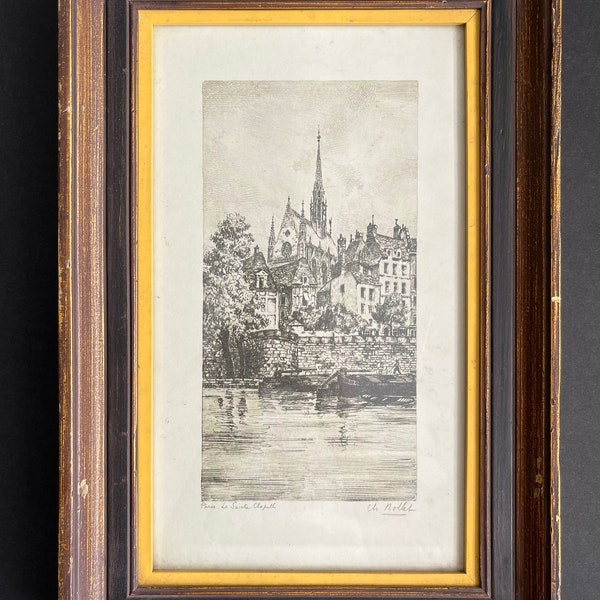 Vintage Charles Nollet Etching La Sainte Chapelle Paris France Signed Framed