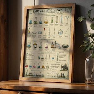 Puede incluir: Un póster educativo enmarcado titulado Laboratory Glassware, A Guide to Common Equipment & Their Uses. La impresión presenta ilustraciones detalladas de vasos de precipitados, matraces y herramientas científicas con etiquetas.