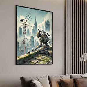 Post-apocalypskunst, robotillustratie, unieke muurkunst, ontwerp voor thuis en op kantoor, retro-futurismeprint, originele tekening, scifi-muurposter