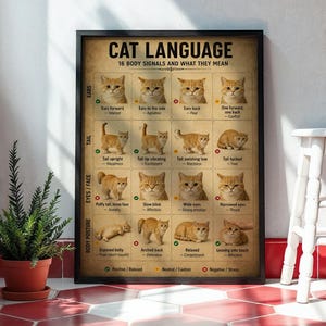 May include: A rectangular wall poster titled Cat Language: 16 Body Signals and What They Mean. The poster features a grid of sixteen photographs of orange tabby cats, each labeled with specific body signals, meanings, and color-coded status icons.
