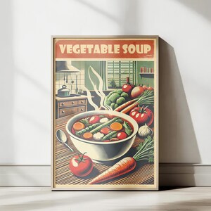 Vintage Vegetable soup print, Retro style poster, Kitchen decor, Restaurant Wall Art, Food art print, Foodie Gift, Soup illustration