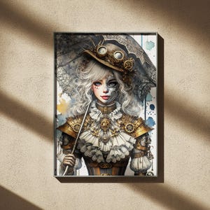May include: A woman with a white face and black eyes wears a steampunk-inspired outfit with a large hat, gears, and a parasol. The background is a watercolor wash of blue and white.