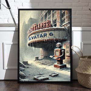 Retro-futurismeprint, originele tekening, sci-fi muurposter, post-apocalypskunst, robotillustratie, unieke muurkunst, ontwerp voor thuis en op kantoor