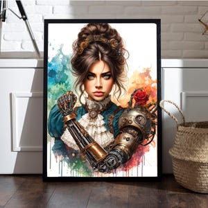 May include: A woman with a steampunk-inspired mechanical arm, wearing a blue and white dress, with a red rose in her hand. The background is a watercolor wash of blue, green, and orange.