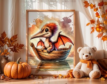 Baby Pterodactyl Aquarell Kunstdruck, Dinosaurier Kinderzimmer Dekor