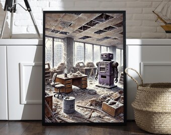 Post-Apocalyptic Robot Art Print, Sci-Fi Futuristic Illustration